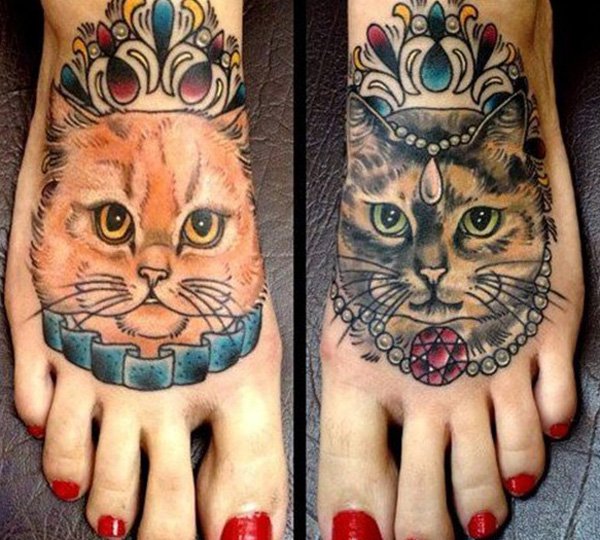 Wonderful Two Cat Head Tattoo On Girl Feet