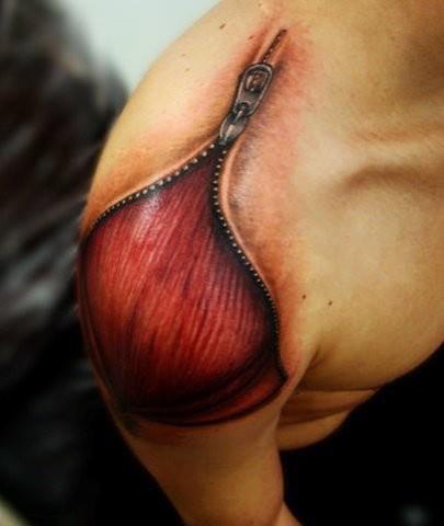 Zipped Skin Muscle Tattoo On Right Shoulder