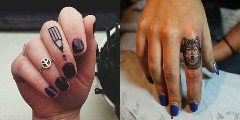 wolf Head And Pencil Tattoos On Fingers For Girls