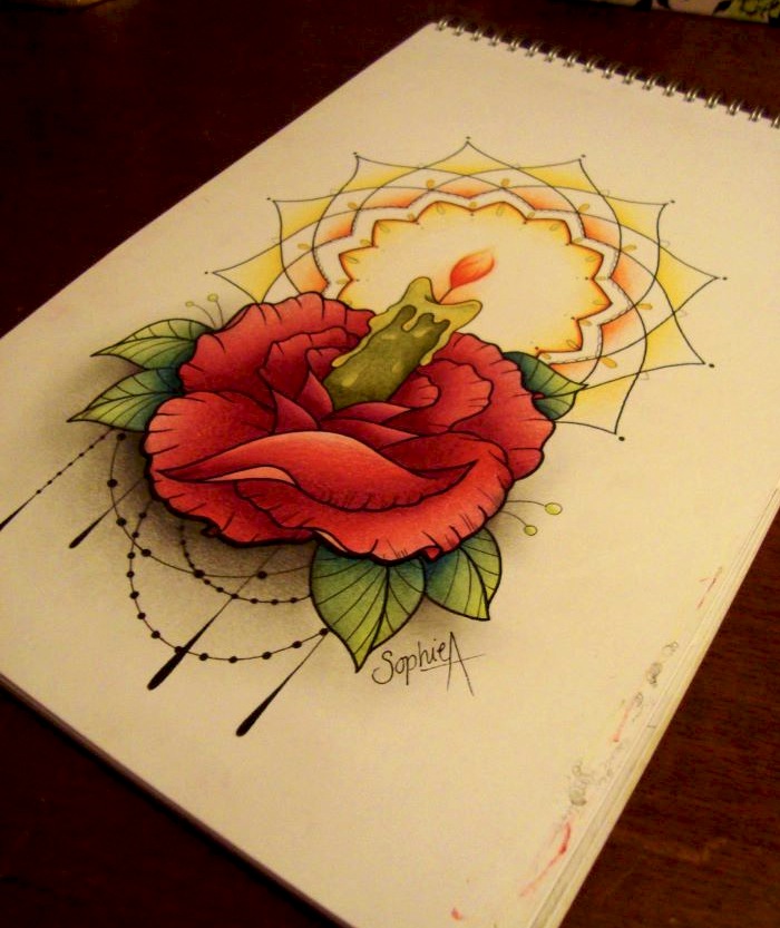 3D Burning Candle In Rose Tattoo Design By Sophie