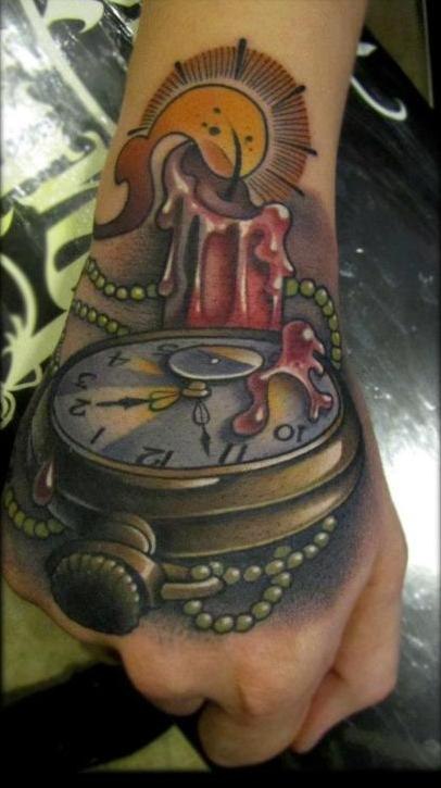 3D Burning Candle With Pocket Watch Tattoo On Hand