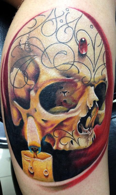 3D Dia De Los Muertos Skull With Candle Tattoo Design