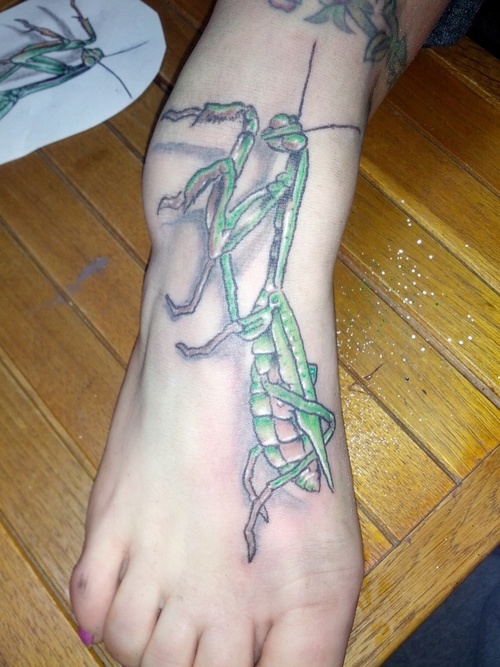 3D Mantis Tattoo On Foot
