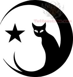 Amazing Black Cat On Half Moon With Star Tattoo Stencil
