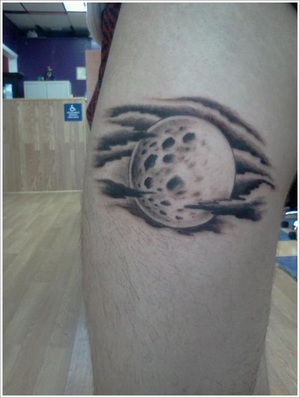 Amazing Black Ink Moon Tattoo Design For Thigh