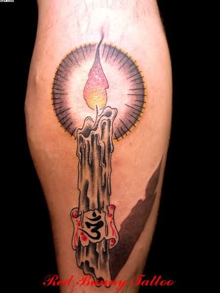 Amazing Burning Candle Tattoo Design For Leg Calf