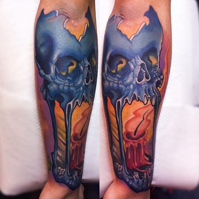 Amazing Candle Skull Lamp Tattoo On Forearm