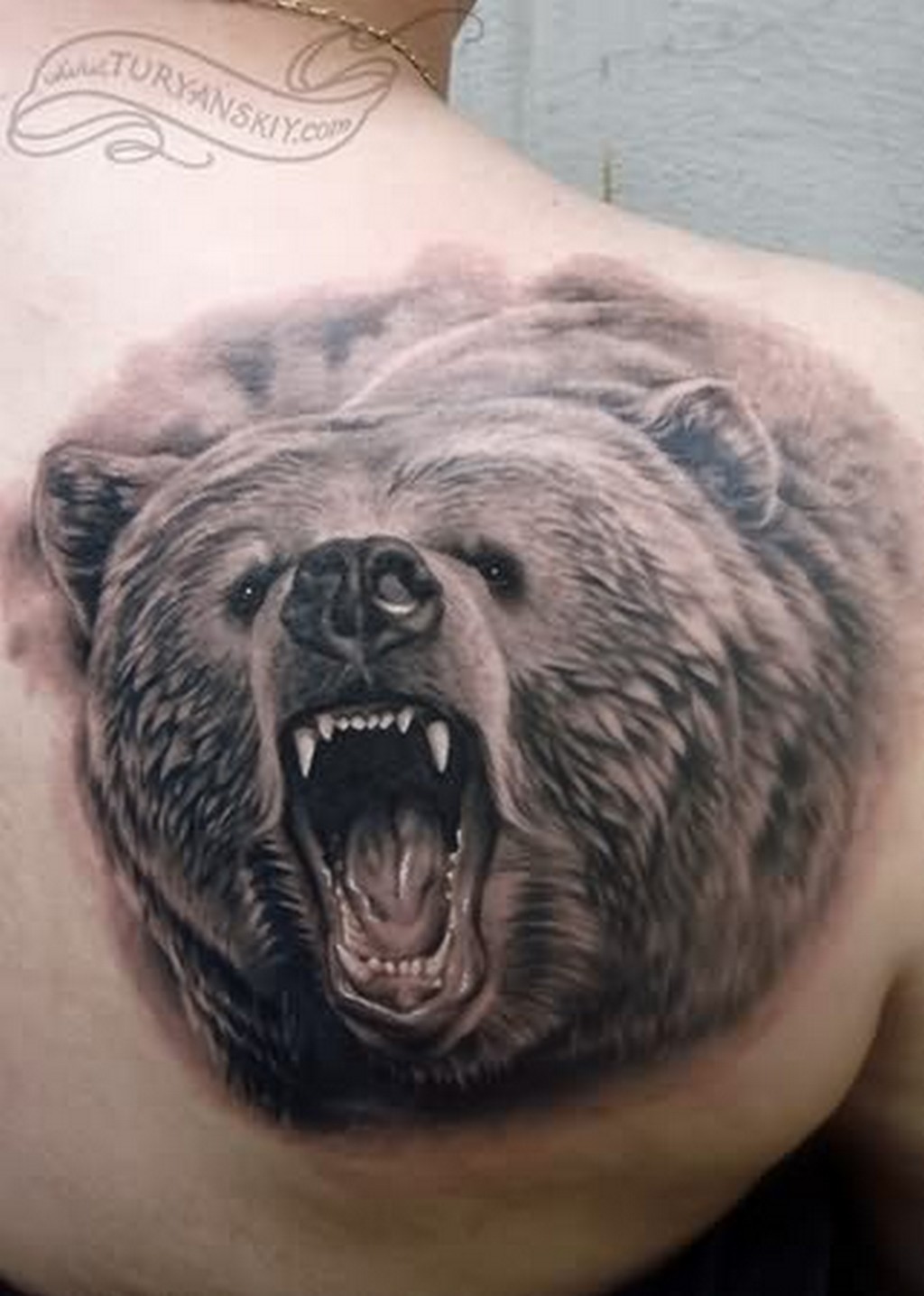 Amazing Roaring Bear Head Tattoo On Right Back Shoulder