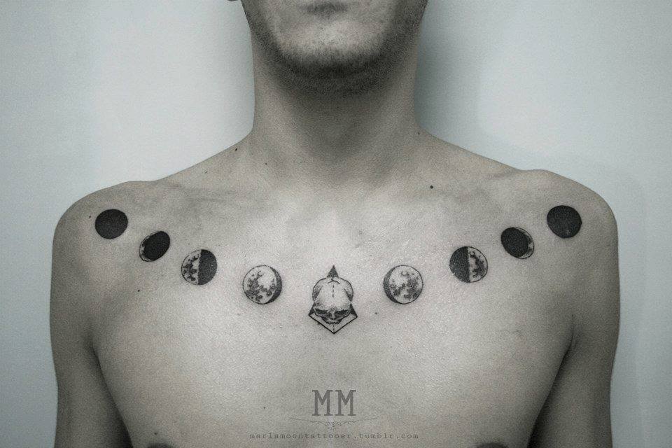 Amazing Skull With Eight Moons Tattoo On Man Collarbone