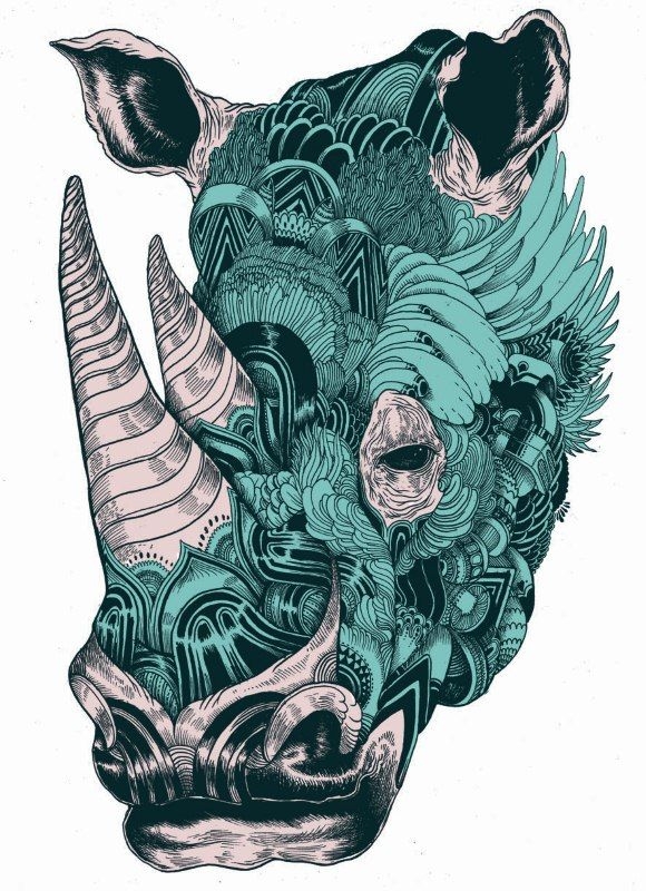 Attractive Green And Black Rhino Head Tattoo Design