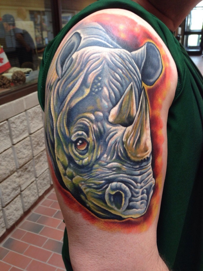 Attractive Rhino Head Tattoo On Right Shoulder