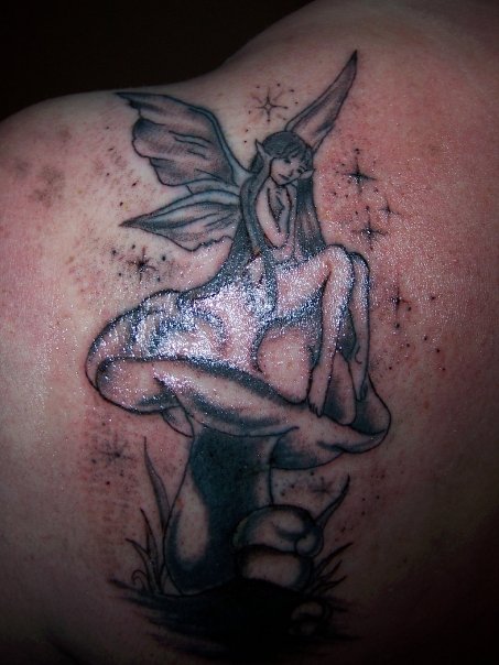 Back Shoulder Fairy And Mushroom Tattoo
