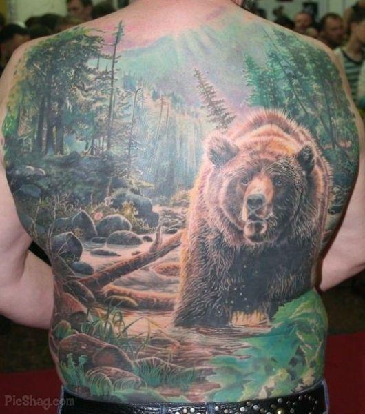 Bear In Forest Scene Tattoo On Full Back