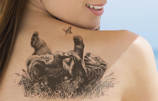 Bear Playing With Butterfly Tattoo On Girl Right Back Shoulder