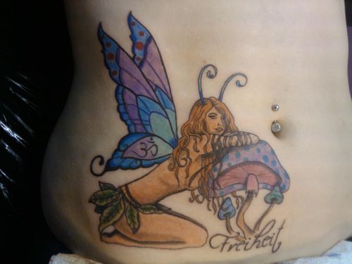 Beautiful Fairy Girl With Mushroom Tattoo On Stomach