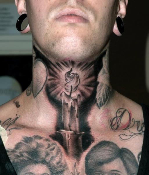 Black And Grey Burning Candle Tattoo On Man Neck