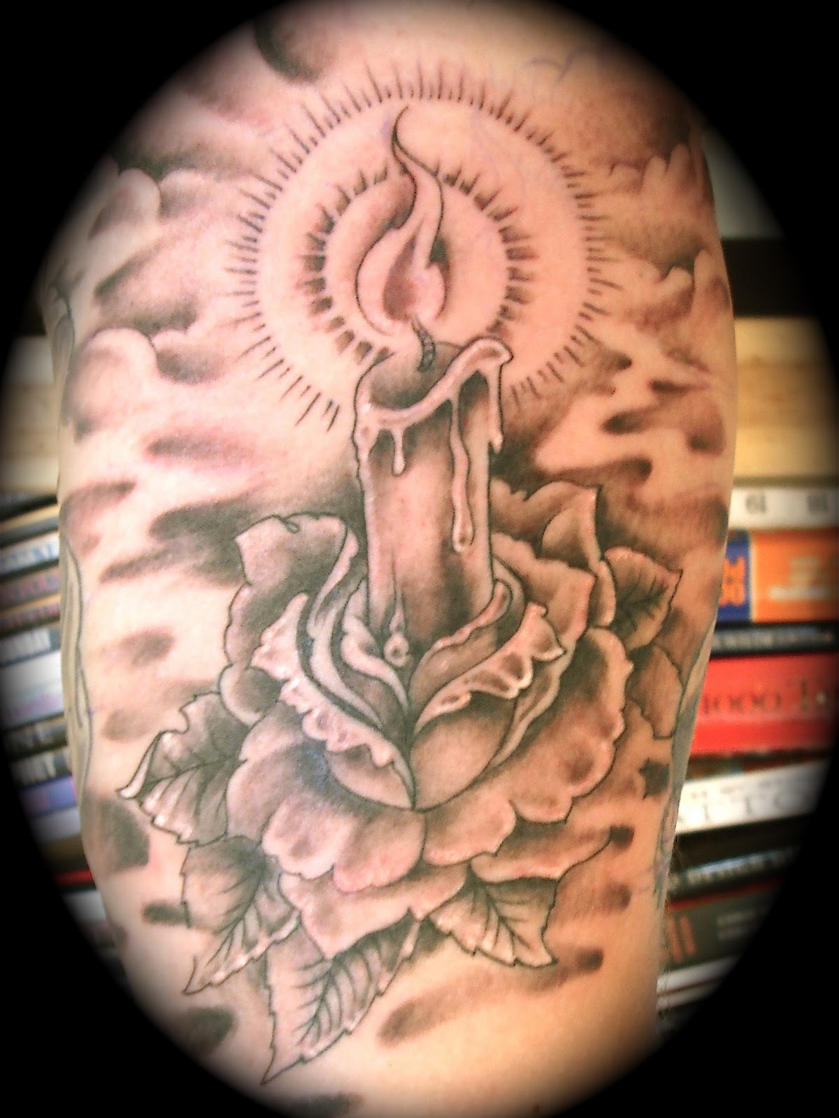 Black And Grey Candle In Rose Tattoo Design
