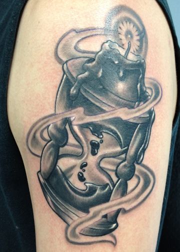 Black And Grey Candle On Hourglass Tattoo Design For Half Sleeve