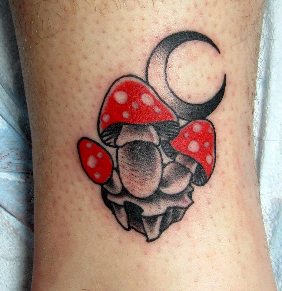 Black And Grey Moon Mushroom Tattoo On Leg