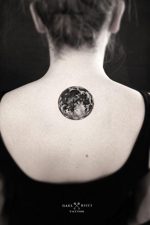 Black And Grey Moon Tattoo On Girl Upper Back By Gael Ricci