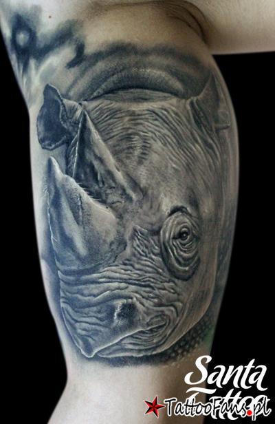 Black And Grey Rhino Head Tattoo On Bicep By Robson Santos