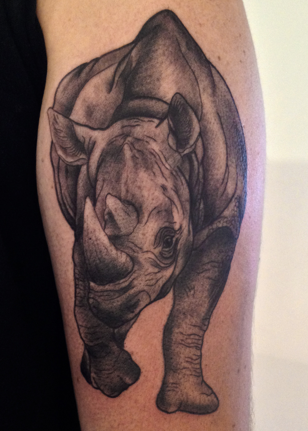 Black And Grey Rhino Tattoo Design For Forearm
