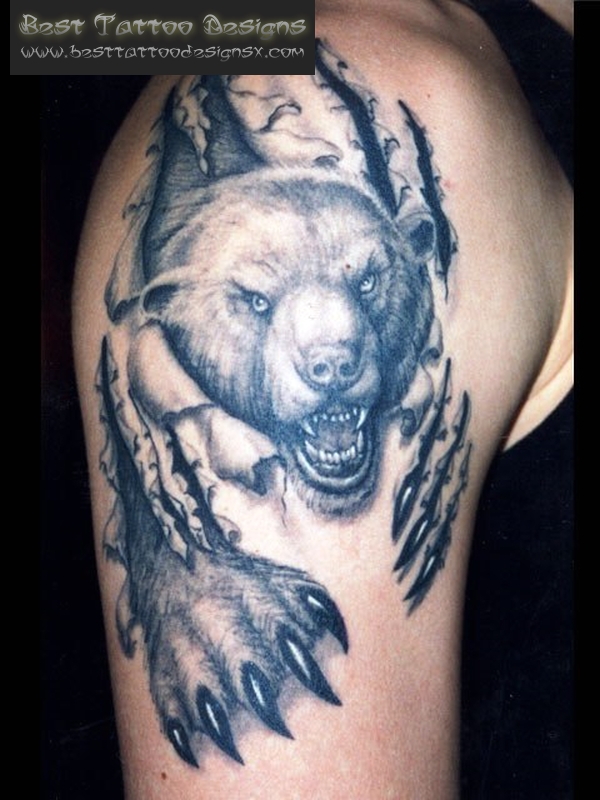 Black And Grey Ripped Skin Bear Tattoo On Right Shoulder