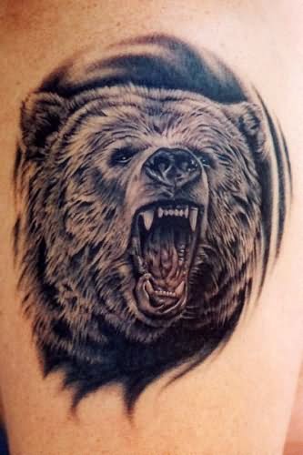 Black And Grey Roaring Bear Head Tattoo Design