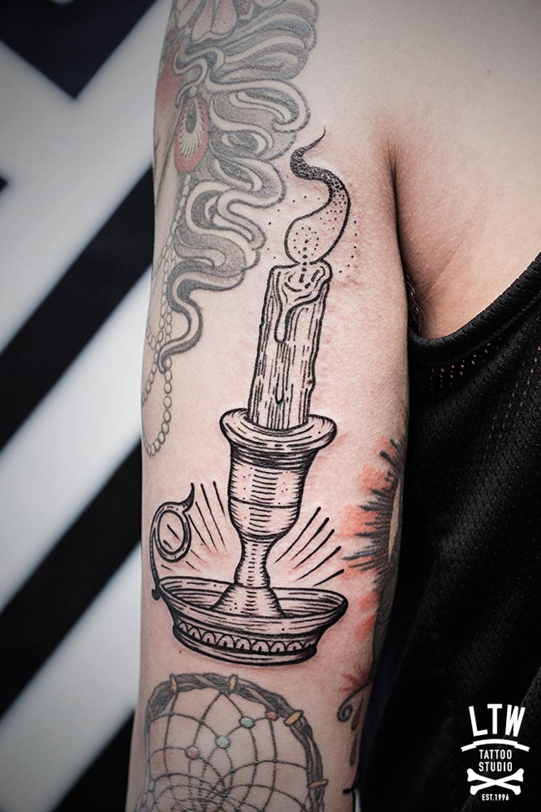 Black Burning Candle Lamp Tattoo Design For Half Sleeve