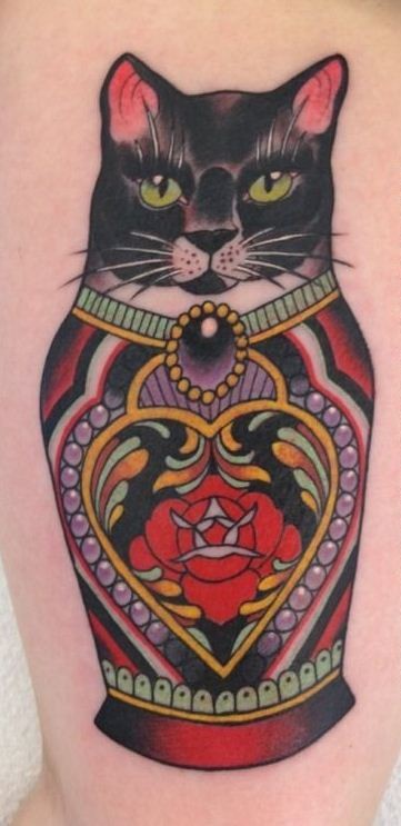 Black Cat Head Russian Matryoshka Tattoo Idea
