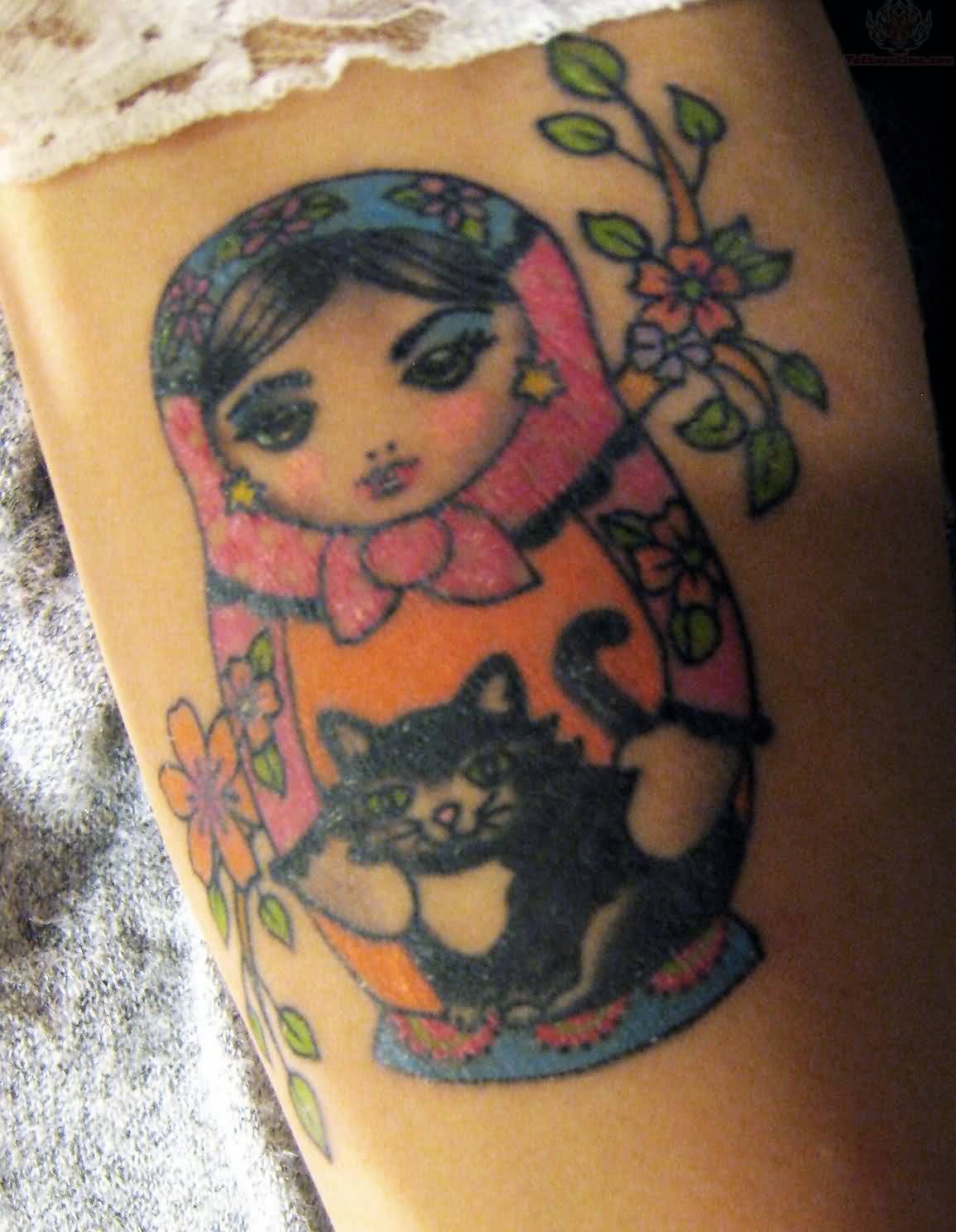 Black Cat In Matryoshka Tattoo On Leg