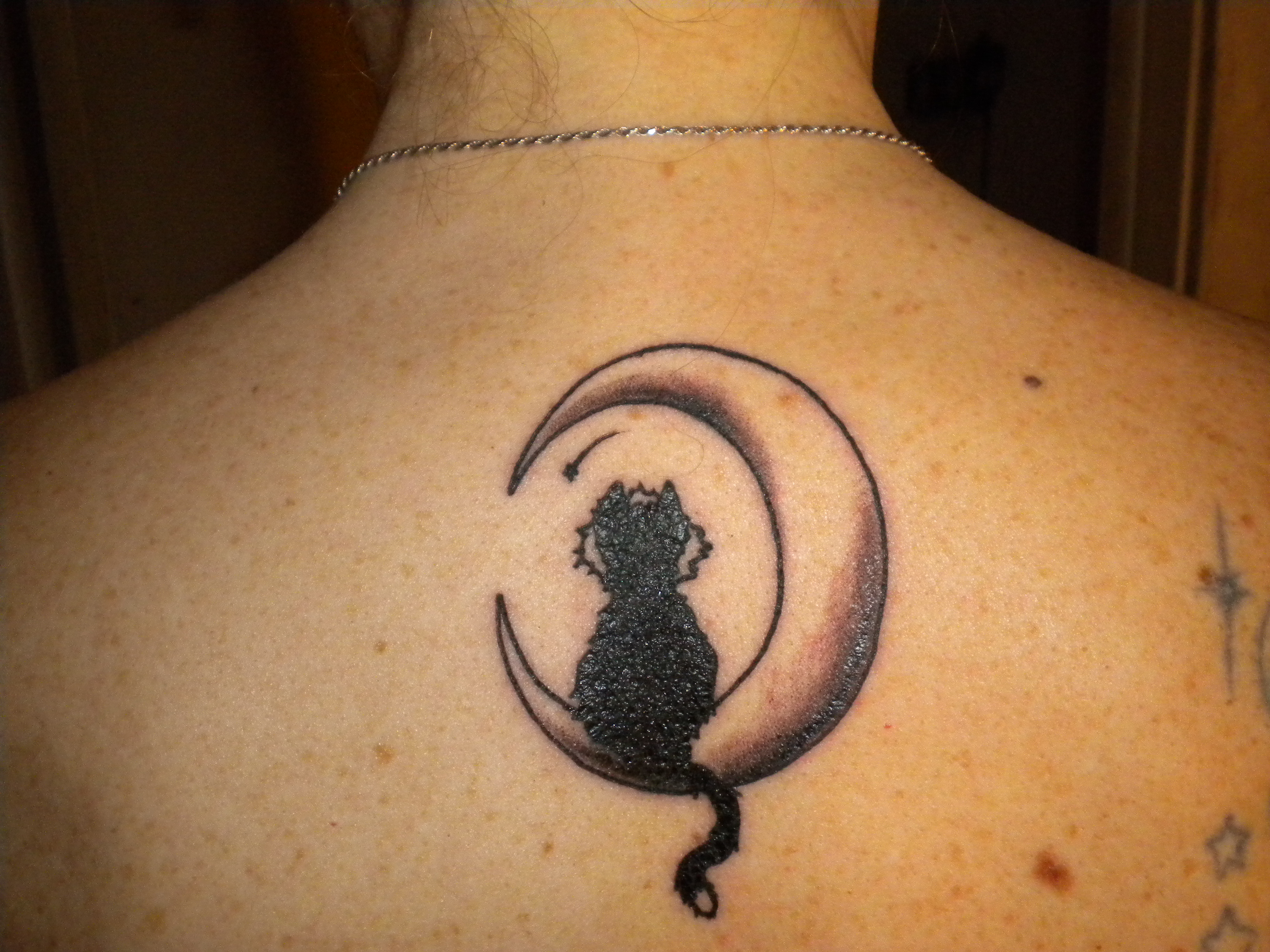 Black Cat On Half Moon Tattoo On Upper Back