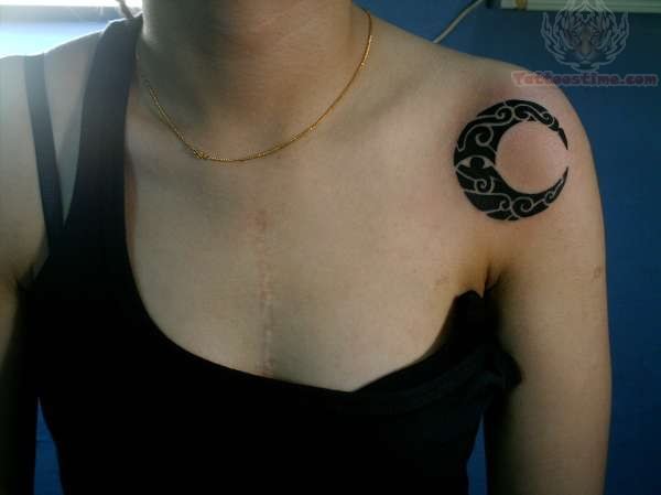 Black Eye In Half Moon Tattoo On Girl Left Front Shoulder