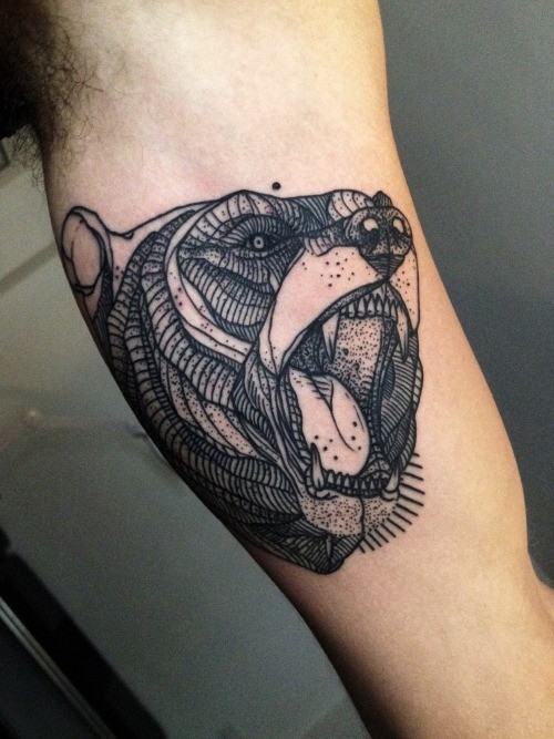 Black Geometric Bear Head Tattoo Design For Bicep