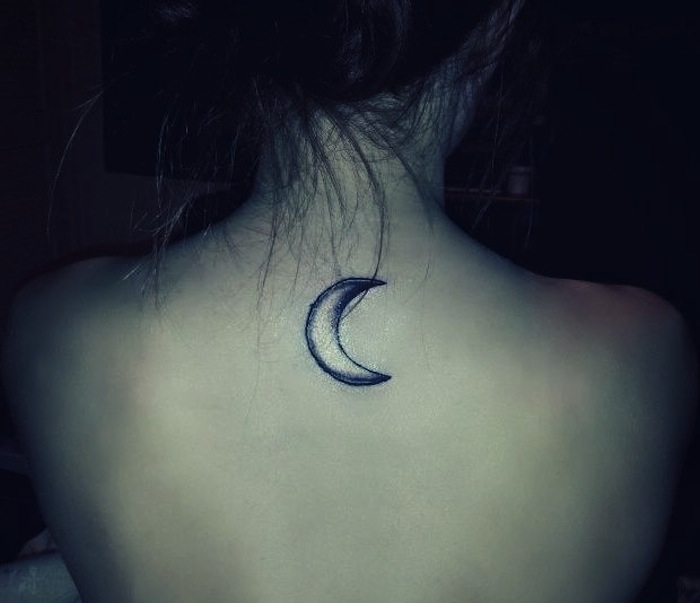 Black Half Moon Tattoo On Girl Upper Back