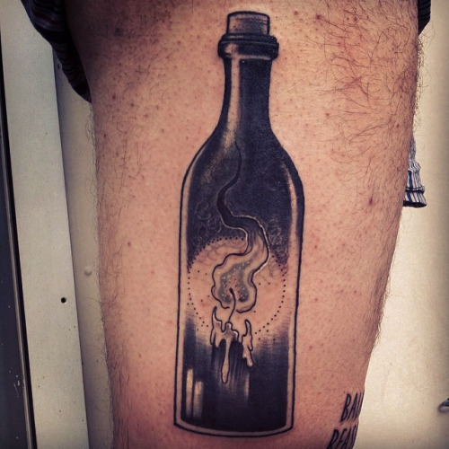 Black Ink Candle In Bottle Tattoo Design For Thigh