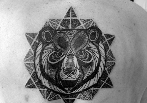 Black Ink Geometric Bear Head Tattoo Design For Back Shoulder
