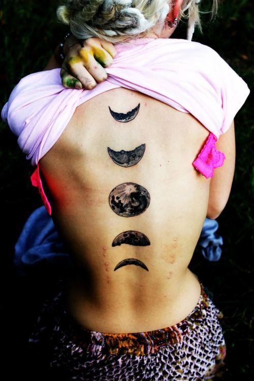 Black Ink Moons Tattoo On Girl Full Back