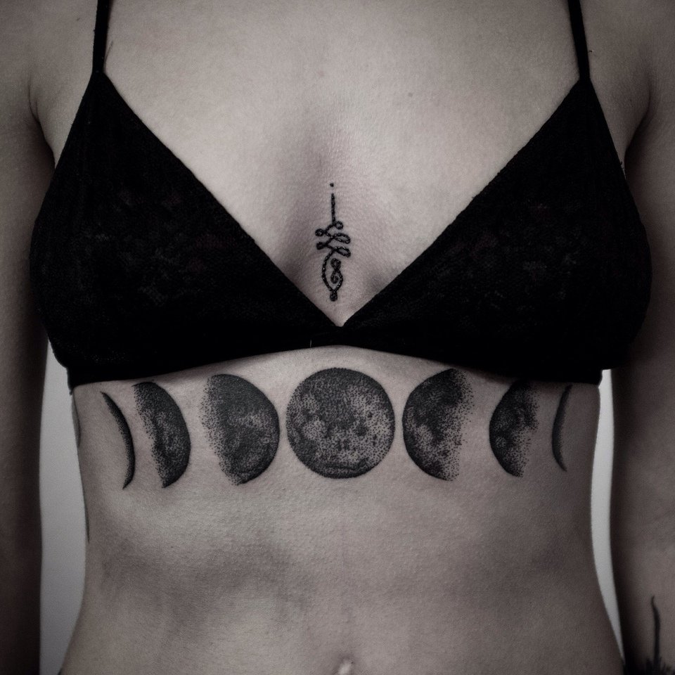 Black Ink Moons Tattoo On Under Breast