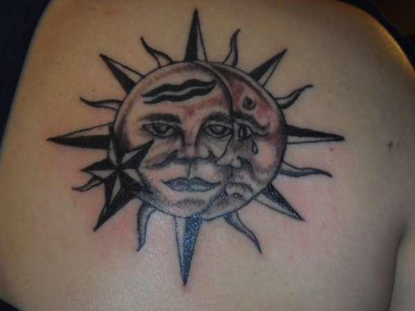 Black Ink Sun With Half Moon And Nautical Star Tattoo Design