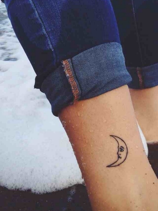 Black Outline Half Moon Face Tattoo On Leg