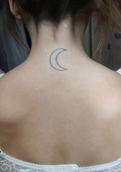 Black Outline Half Moon Tattoo On Girl Back Neck