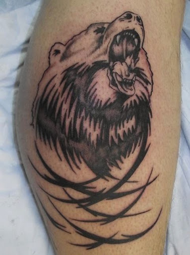 Black Roaring Bear Head Tattoo Design For Leg