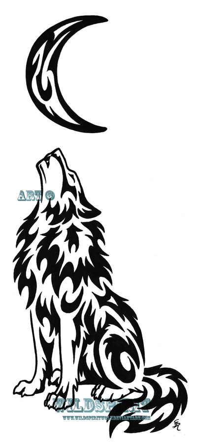 Black Tribal Half Moon With Wolf Tattoo Stencil