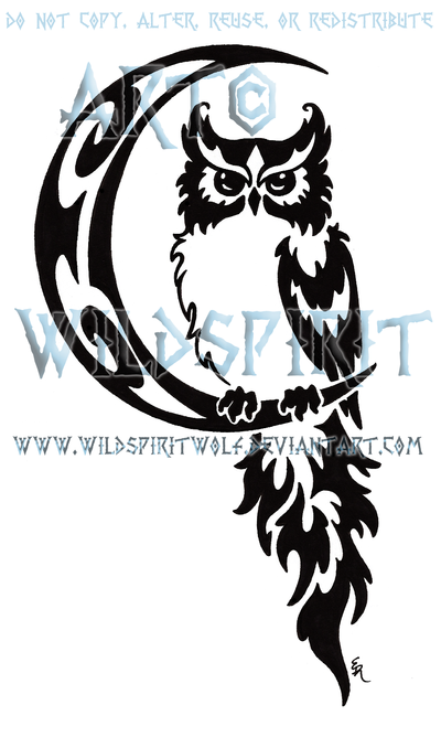 Black Tribal Owl On Half Moon Tattoo Stencil By WildSpiritWolf