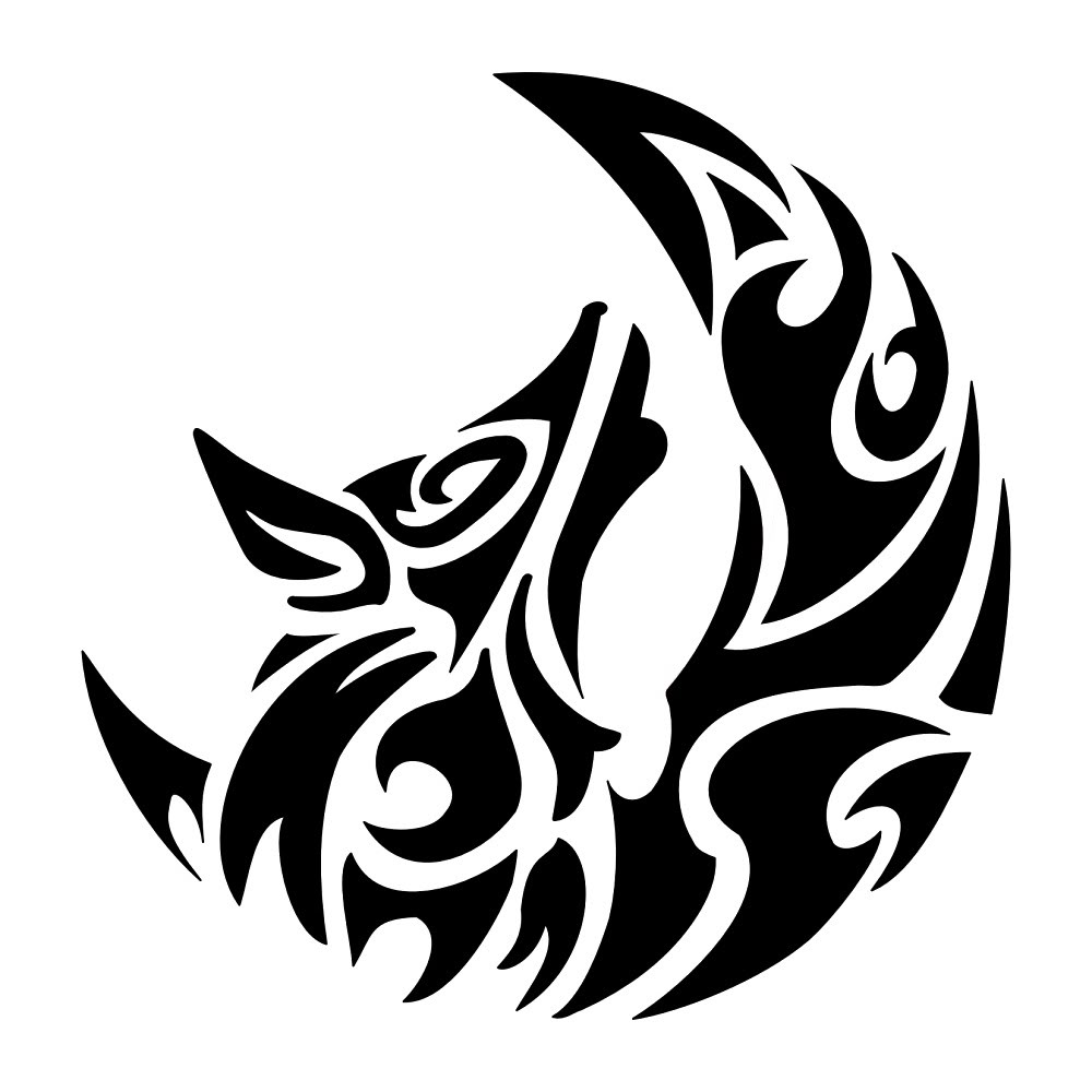 Black Tribal Wolf Head With Half Moon Tattoo Stencil