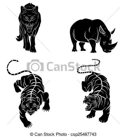Black Wolf, Rhino And Tiger Tattoo Design