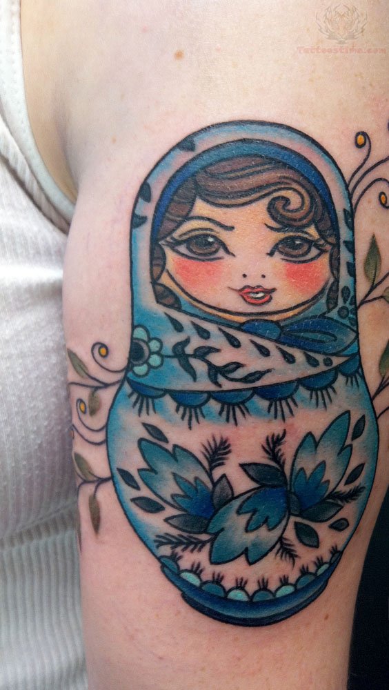 Blue Ink Matryoshka Tattoo On Right Half Sleeve