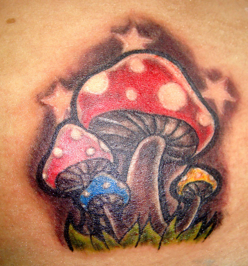 Blue Yellow And Red Mushroom Tattoos