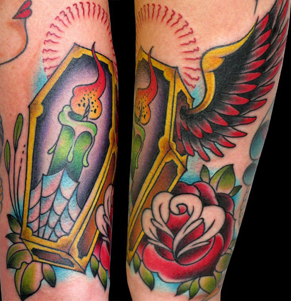 Burning Candle In Coffin With Wing And Rose Tattoo Design For Arm